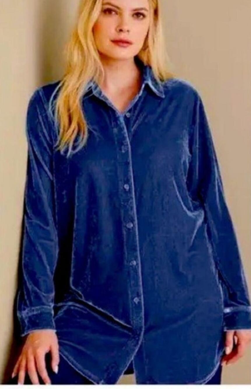 Soft Surroundings Long Sleeve Velvet Boyfriend Shirt Medium Blue Tunic